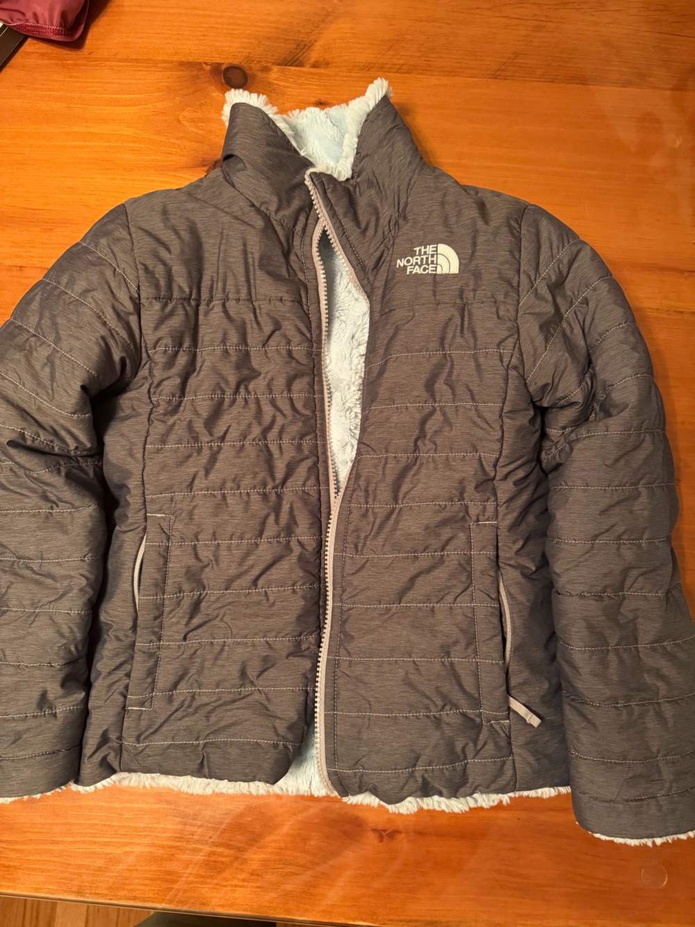 The North Face Gray Quilted Kids Puffer Jacket with Sherpa Lining